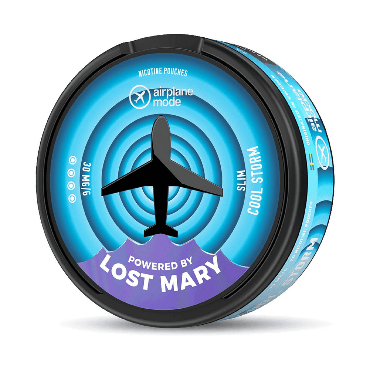 Nicotine Pouches Airplane Mode by Lost Mary Cool Storm, nicotine pouches Fresh mint flavor with an intensely refreshing effect for oral use without smoke or steam, slim format in a compact 30 mg/g can with a blue design inspired by sensations of freshness.