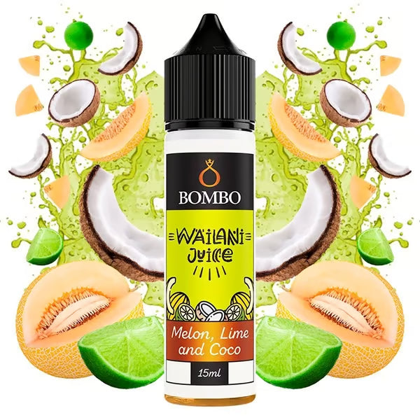 Wailani Juice di Bombo Melone, Lime e Cocco Flacone aroma da 15 ml (formato longfill 15/60 ml), dal design tropicale e colorato, che rappresenta un gusto rinfrescante di melone, lime e cocco.
