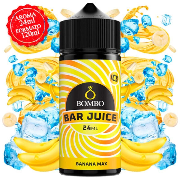 bouteille d'arôme Bombo Bar Juice Banana Max Ice 24 ml (format longfill 24/120 ml), au design saisissant et coloré, qui représente une saveur de banane douce et crémeuse avec une touche rafraîchissante intense.