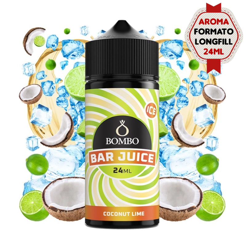 bottiglia di aromi Bombo Bar Juice Coconut Lime Ice 24 ml (formato longfill 24/120 ml), dal design sorprendente e colorato, che rappresenta un sapore tropicale di cocco cremoso e lime agrumato con un intenso tocco rinfrescante.