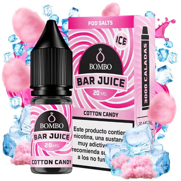 bottiglia di liquido elettronico Bombo Bar Juice Zucchero filato da 10 ml con etichetta sui toni del rosa, insieme alla sua scatola, accompagnato da zucchero filato che evoca un sapore dolce, leggero, di tipo giusto.
