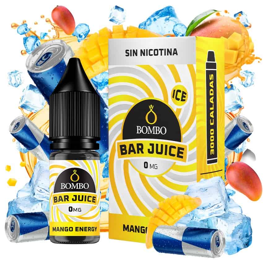 e-liquid bottle Bombo Bar Juice 10 ml Mango Energy with a label in yellow tones, next to its box, accompanied by mango and elements that evoke an energy drink, suggesting a tropical, sweet and vibrant flavor.