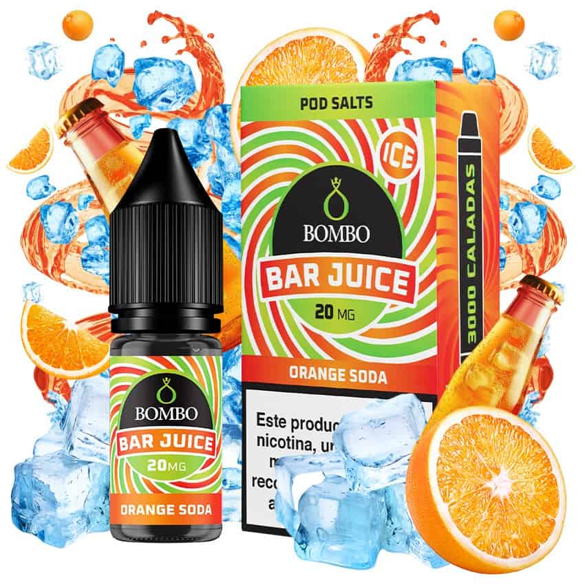Botella de e-liquid Bombo Bar Juice Orange Soda de 10 ml con etiqueta en tonos naranjas, junto a su caja, acompañada de rodajas de naranja y burbujas que evocan un sabor cítrico, dulce y refrescante tipo refresco.