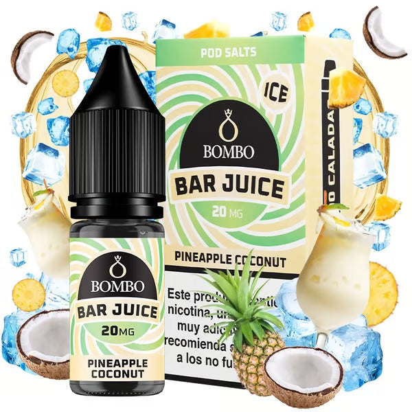 Botella de e-líquido Bombo Bar Juice Pineapple Coconut Ice de 10 ml, con diseño llamativo y tropical, que representa un sabor refrescante de piña y coco con efecto frío.