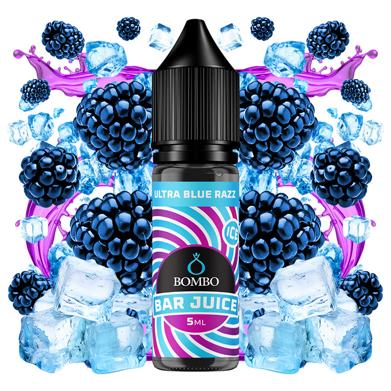 Botella de e-liquid Bombo Bar Juice Ultra Blue Razz de 10 ml con etiqueta en tonos azules, junto a su caja, acompañada de frambuesas azules que sugieren un sabor dulce y ligeramente ácido.