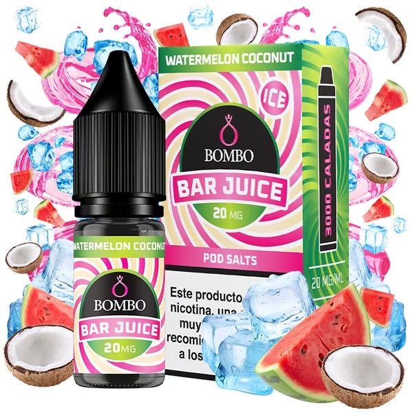 Botella de e-liquid Bombo Bar Juice sabor Watermelon Coconut de 10 ml, con diseño tropical que evoca sandía y coco.
