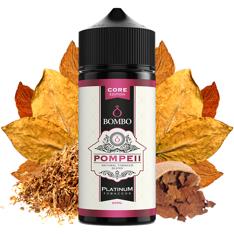 Flacon d'arôme Bombo Pompeii Platinum Tobaccos de 20 ml (format 20/120 ml), au design élégant dans les tons beige et rouge, qui représente une saveur de tabac aux nuances douces et épicées caractéristiques de la gamme Platinum Tobaccos.