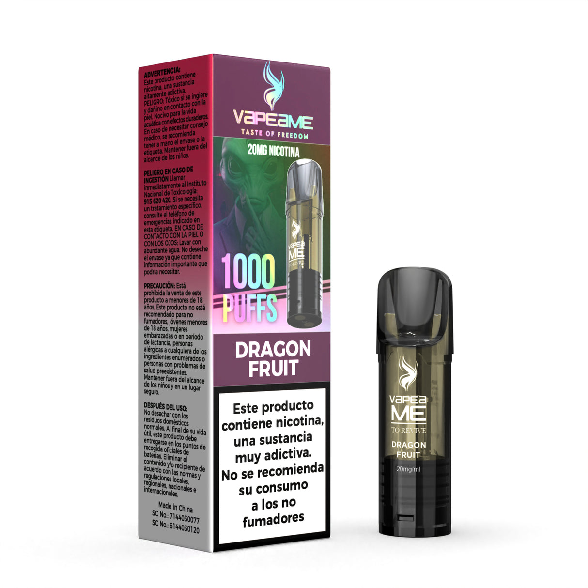 Capsula Vapeame To Revive Dragon Fruit x1, vape pod ricaricabile al sapore di dragon fruit e-liquid dal profilo tropicale e dolce, capacità di 2 ml, 20 mg/ml di nicotina e fino a 1000 boccate, presentato insieme alla sua scatola originale con le informazioni sul prodotto.