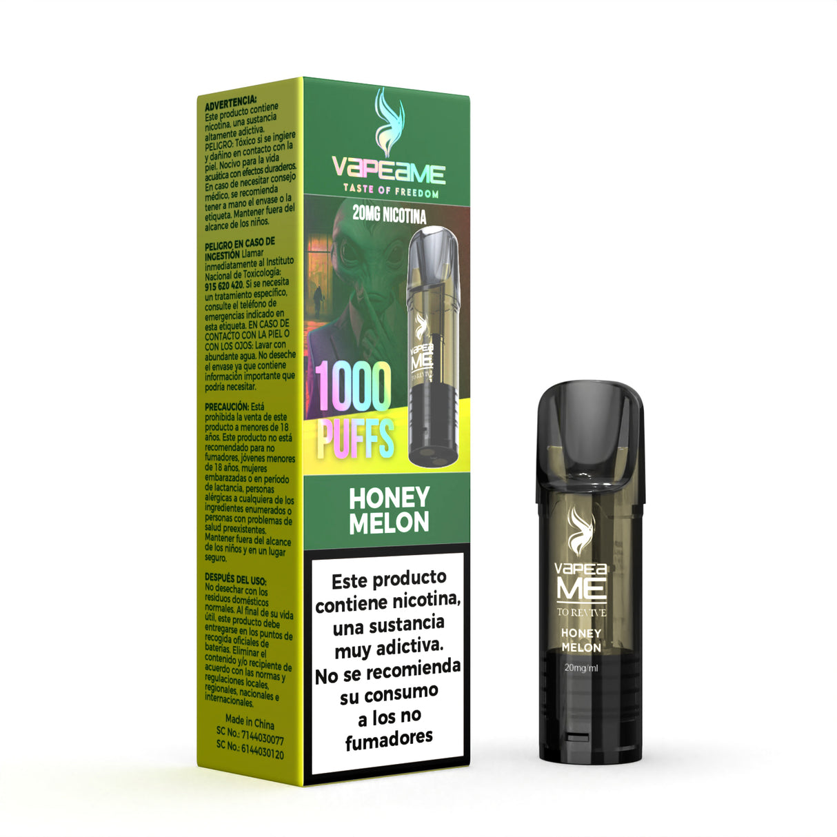 Capsule Vapeame To Revive Honey Melon x1, vape pod rechargeable avec e-liquide saveur melon sucré de type miellat, contenance 2 ml, 20 mg/ml de nicotine et jusqu'à 1000 bouffées, présenté avec sa boîte d'origine avec informations produit.