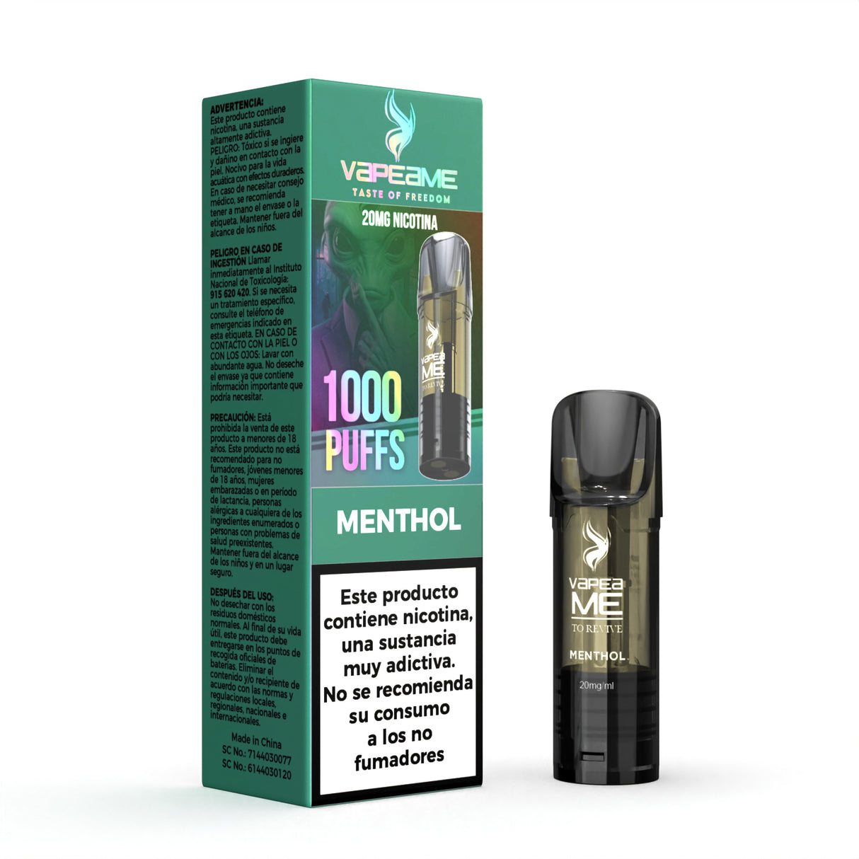 Capsula Vapeame To Revive Menthol x1, vaporizzatore ricaricabile con e-liquid rinfrescante al gusto di mentolo, capacità di 2 ml, 20 mg/ml di nicotina e fino a 1000 boccate, presentato insieme alla sua scatola originale con le informazioni sul prodotto.