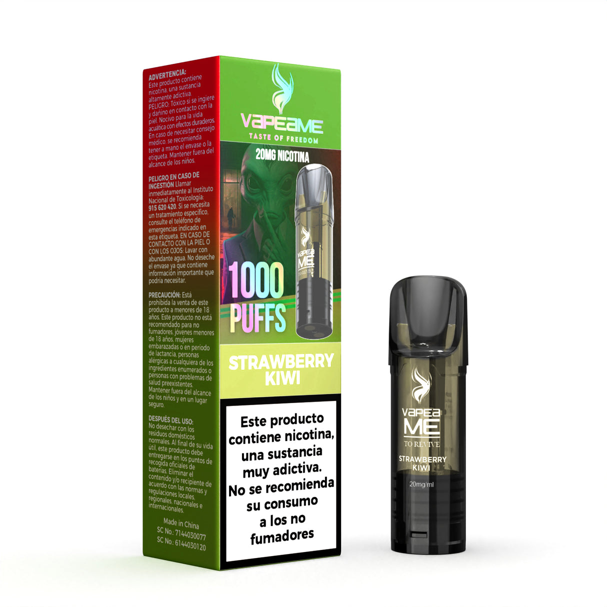 Cápsula Vapeame To Revive Strawberry Kiwi x1, pod recargable para vape con e-liquid sabor fresa y kiwi con mezcla dulce y ligeramente ácida, capacidad de 2 ml, 20 mg/ml de nicotina y hasta 1000 puffs, presentada junto a su caja original.