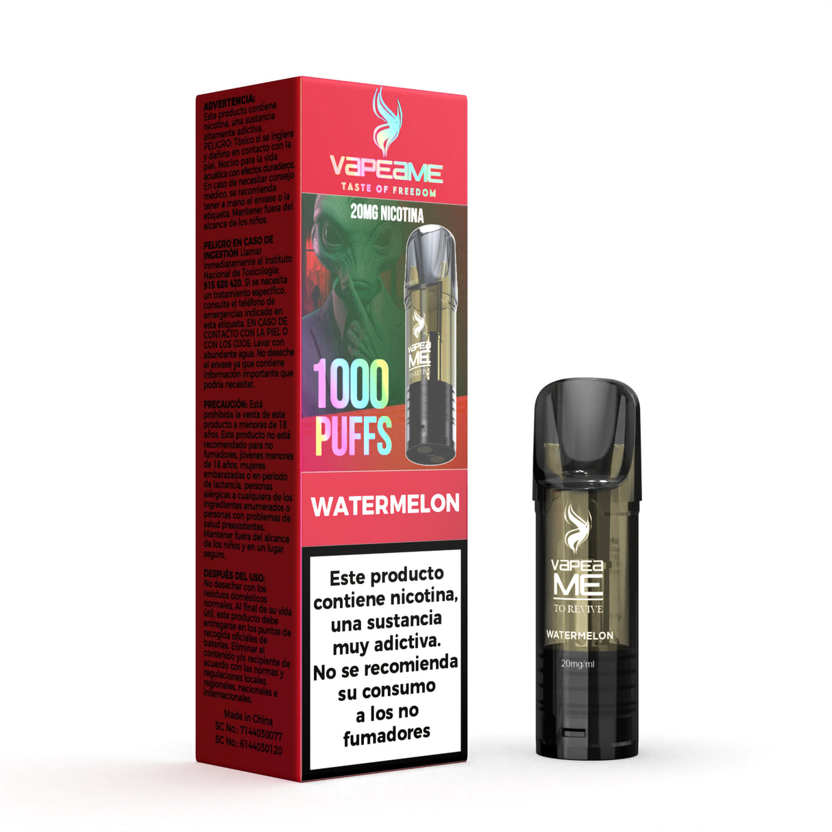 Cápsula Vapeame To Revive Watermelon x1, pod recargable para vape con e-liquid sabor sandía, capacidad de 2 ml, 20 mg/ml de nicotina y hasta 1000 puffs, presentada junto a su caja original con información del producto.