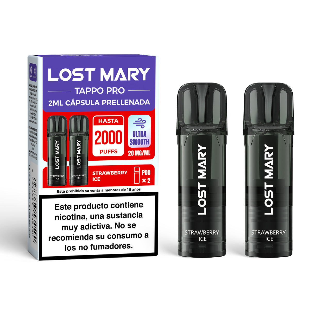 Cartouche x2 Lost Mary Tappo Strawberry – Pods préremplis compatibles avec les appareils Lost Mary Tappo / Tappo Air / Tappo Pro, à la saveur de fraise douce et juteuse, offrant une expérience douce, équilibrée et très aromatique.