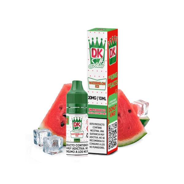 Liquide Donut King Sels Watermelon Ice 10 ml avec bouteille et boîte d'origine, accompagnés de tranches de pastèque et de glaçons qui représentent sa saveur.