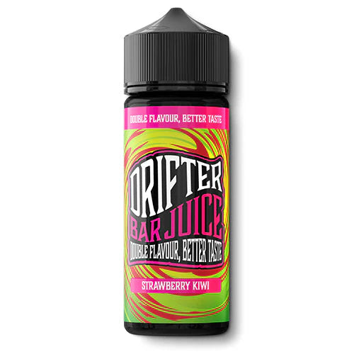Parfum Drifter Bar Jus Fraise Kiwi 24 ml en format longfill, bouteille avec une étiquette verte à côté des fraises et du kiwi qui représentent sa saveur.
