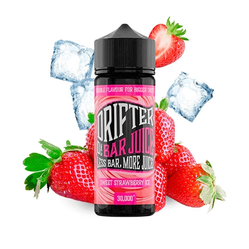 Aroma Drifter Bar Juice Sweet Strawberry Ice 24ml en formato longfill, botella con etiqueta roja junto a fresas y hielo que representan su sabor.