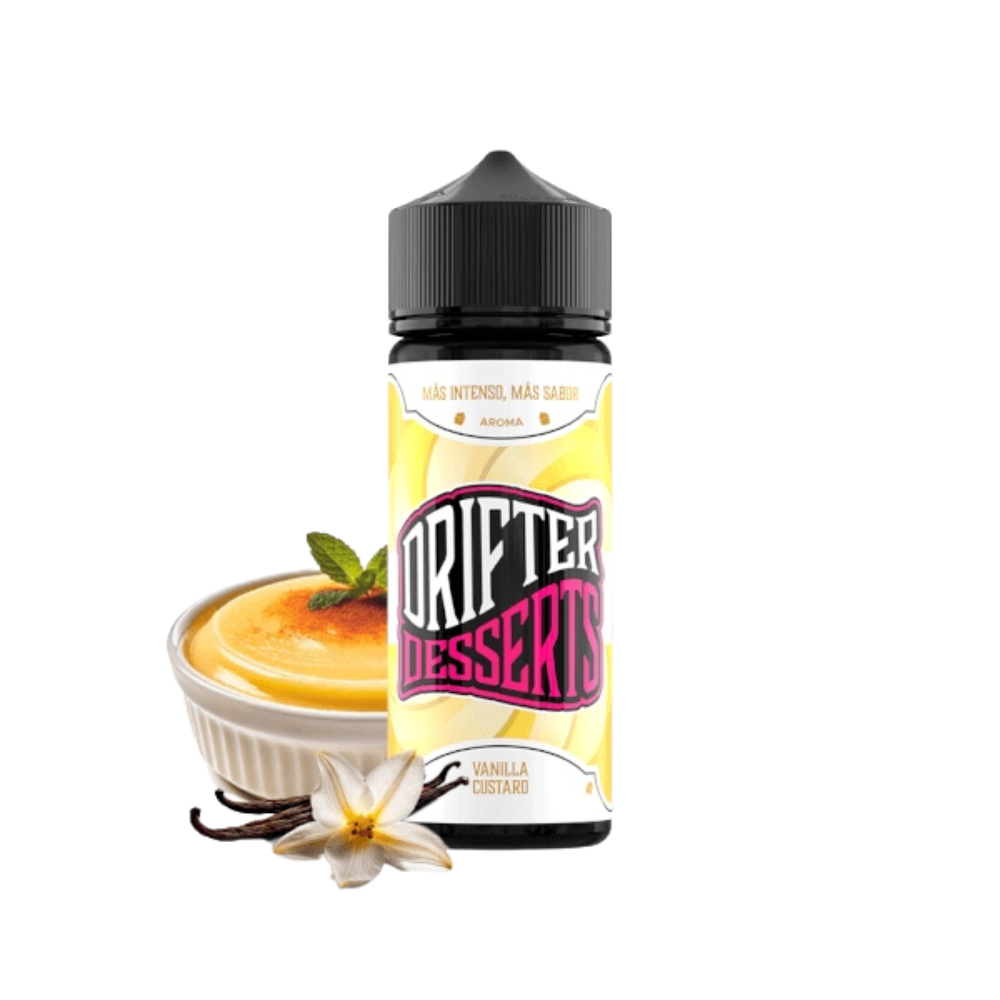 Aroma Drifter Desserts Vanilla Custard 24 ml in longfill format, bottle with a yellow label next to a custard-type dessert and vanilla beans that represent its flavor.