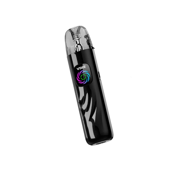 Kit Vaper HellVape Vsee Pod en noir, avec un design compact et ergonomique, embout transparent sur le dessus et écran avant avec indicateur LED multicolore.