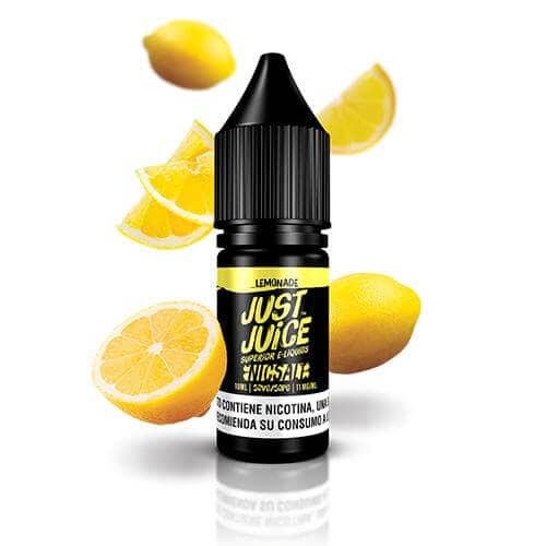 Líquido para vapeo Just Juice Nic Salts Lemonade 10ml, botella de sales de nicotina con diseño en tonos amarillos, acompañado de limonada y rodajas de limón que representan su sabor.