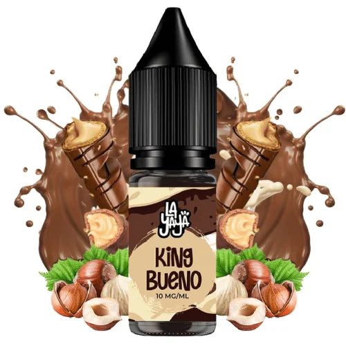 Liquide pour vapotage La Yaya Salts King Bueno 10 ml avec sels de nicotine, bouteille au design en tons marron, accompagné de chocolat, noisettes et gaufrettes qui représentent sa saveur.