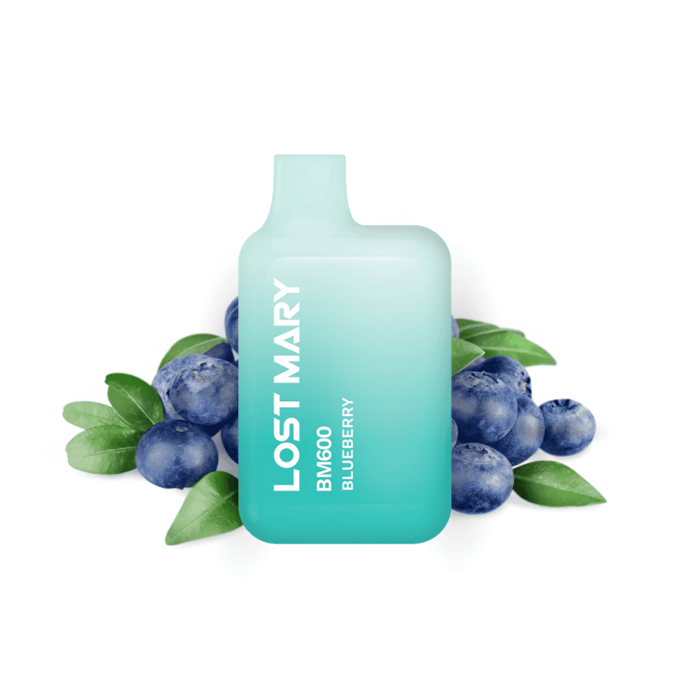 Vaper desechable Lost Mary BM600 Blueberry 20 mg/ml, dispositivo compacto con hasta 600 puffs y e-liquid sabor arándano dulce, diseño en degradado azul y verde con boquilla integrada y presentación visual con arándanos que representan el sabor del producto.