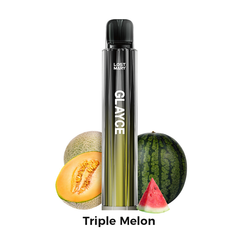 Vapeur Lost Mary Tappo Glayce Triple Melon, appareil de type dosette au goût de mélange de melon sucré, compatible avec les capsules Lost Mary Tappo, design compact au format stick avec embout intégré et présentation visuelle inspirée du melon qui représente la saveur du produit.