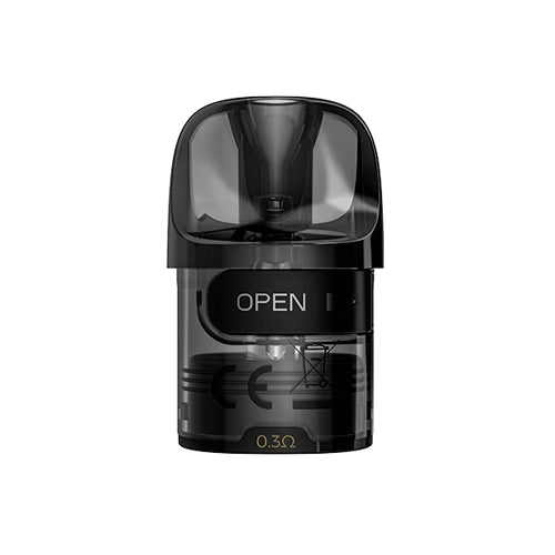 Replacement cartridge Lost Vape E Plus Pod, with transparent design, integrated mouthpiece and 2 ml tank, compatible with Thelema Elite devices and available in different resistances for MTL or DTL vaping.
