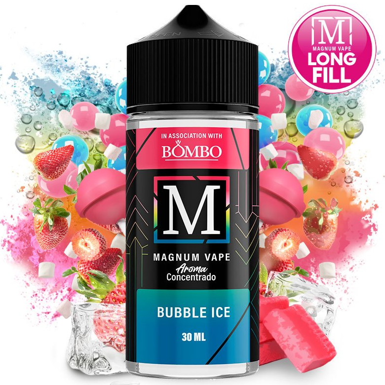 Aroma para vapeo Magnum Vape Bubble Ice 30ml formato longfill, botella con diseño colorido acompañada de chicles, caramelos, fresas y cubitos de hielo que representan su sabor dulce y refrescante.