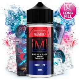 Aroma da svapare Magnum Vape Bull Ice formato longfill da 30ml, bottiglia dal design colorato accompagnata da una bevanda energetica e cubetti di ghiaccio che ne rappresentano il sapore intenso e rinfrescante.
