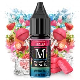 Líquido para vapeo Magnum Vape Salt Bubble Ice 10ml, botella con diseño colorido acompañada de chicle y cubitos de hielo que representan su sabor dulce y refrescante.
