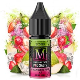 Líquido para vapeo Magnum Vape Salt Strawberry Pear Ice 10ml, botella con diseño colorido acompañada de fresas, pera y cubitos de hielo que representan su sabor afrutado y refrescante.