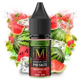 Líquido para vapeo Magnum Vape Salt Watermelon Ice 10ml, botella con diseño colorido acompañada de sandía y cubitos de hielo que representan su sabor afrutado y refrescante.