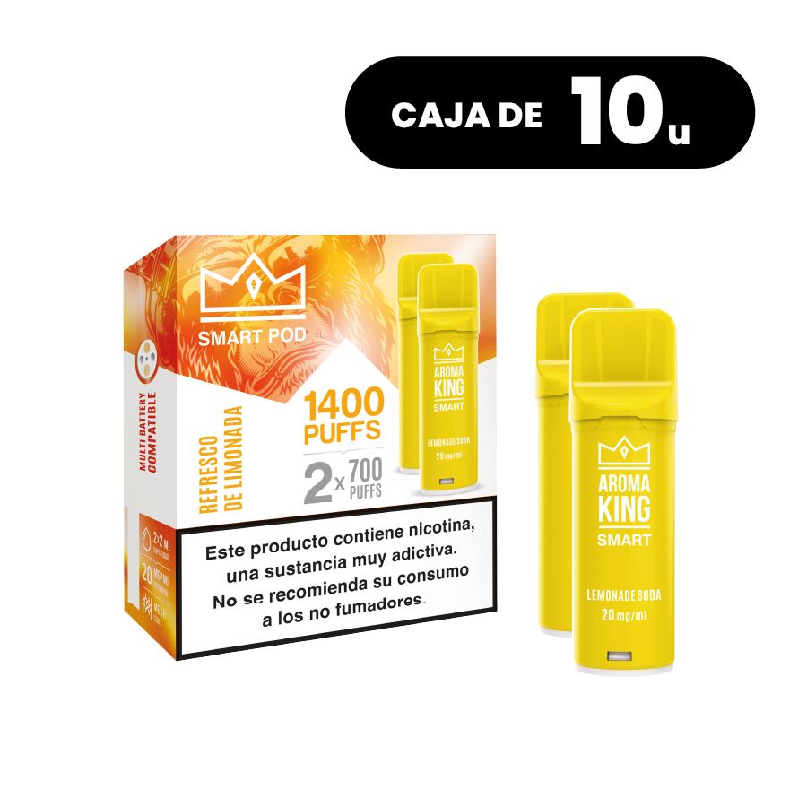 Pack de 10 cajas Aroma King Smart Pod Lemonade Soda, pods para vape sabor limonada con notas refrescantes, sistema de hasta 1400 puffs (2x700 caladas) y 20 mg/ml de nicotina, presentados en su caja amarilla original.