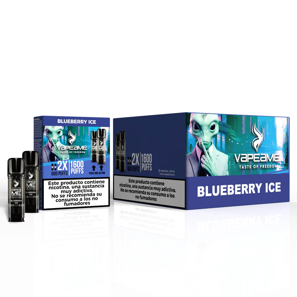 Pack de 10 cajas de cápsulas Vapeame Blueberry, pods para vape sabor arándano dulce con sistema 2x800 puffs (hasta 1600 caladas), presentadas en su caja original.