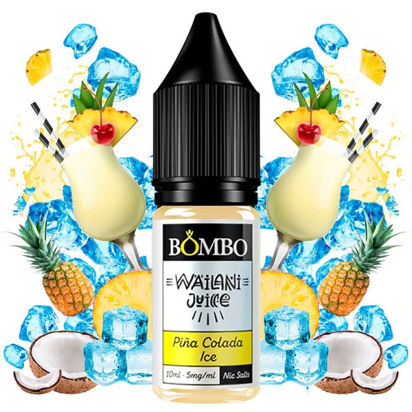 Botella de sales de nicotina Wailani Juice by Bombo Piña Colada de 10 ml, con diseño tropical y colorido, que representa un sabor exótico de piña dulce y coco cremoso inspirado en el cóctel clásico.