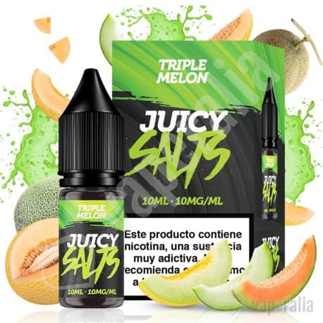 liquide de vapotage Juicy Salts Triple Melon 10ml, avec un flacon noir de sels de nicotine accompagné de sa boîte, design dans les tons verts et fruits de melon (cantaloup, melon vert) autour.