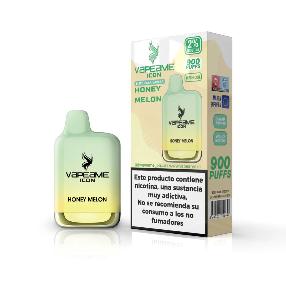 Vaper desechable Vapeame Icon sabor Honey Melon 20mg (2% nicotina) 900 puffs color verde degradado.