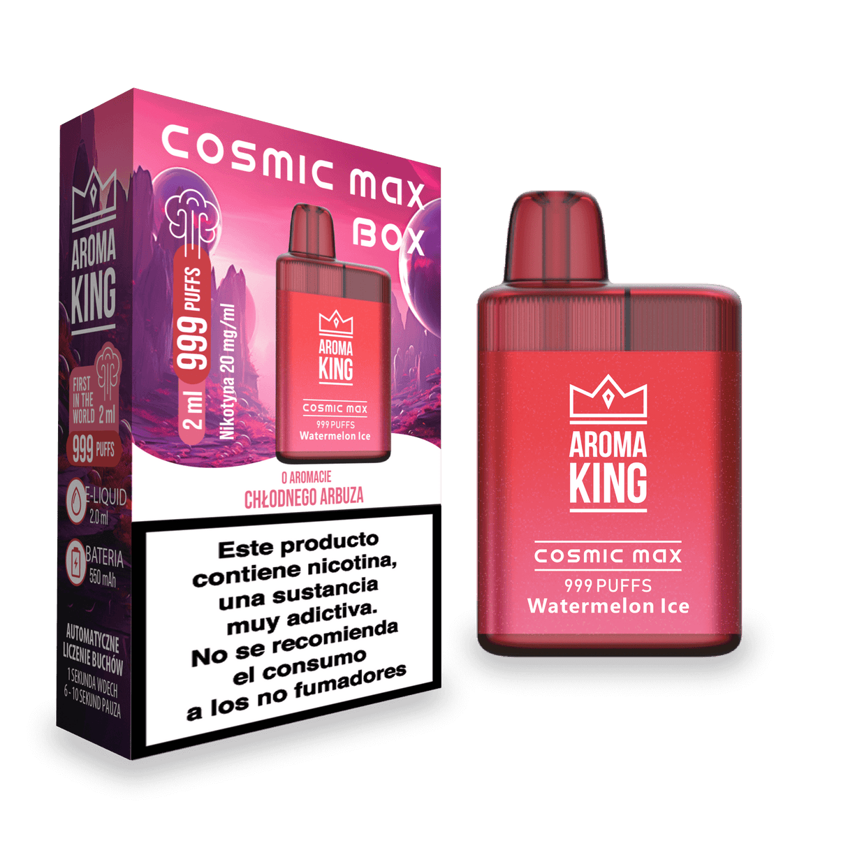 Vaper desechable Aroma King Cosmic Box Watermelon Ice 20 mg/ml, dispositivo compacto de 999 puffs con 2 ml de e-liquid sabor sandía mentolada, diseño en color rojo degradado acompañado de su caja original.