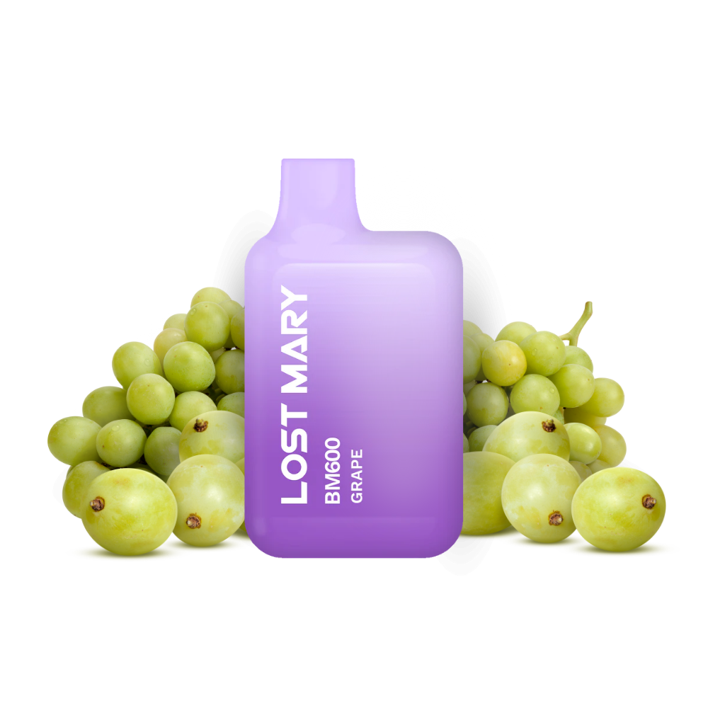 Sigaretta Elettronica Usa e Getta Lost Mary BM600 Uva 20 mg/ml, dispositivo compatto con un massimo di 600 spruzzi ed e-liquid al sapore di uva dolce e fruttato, design ergonomico con bocchino integrato e presentazione visiva ispirata all'uva che rappresenta il sapore del prodotto.