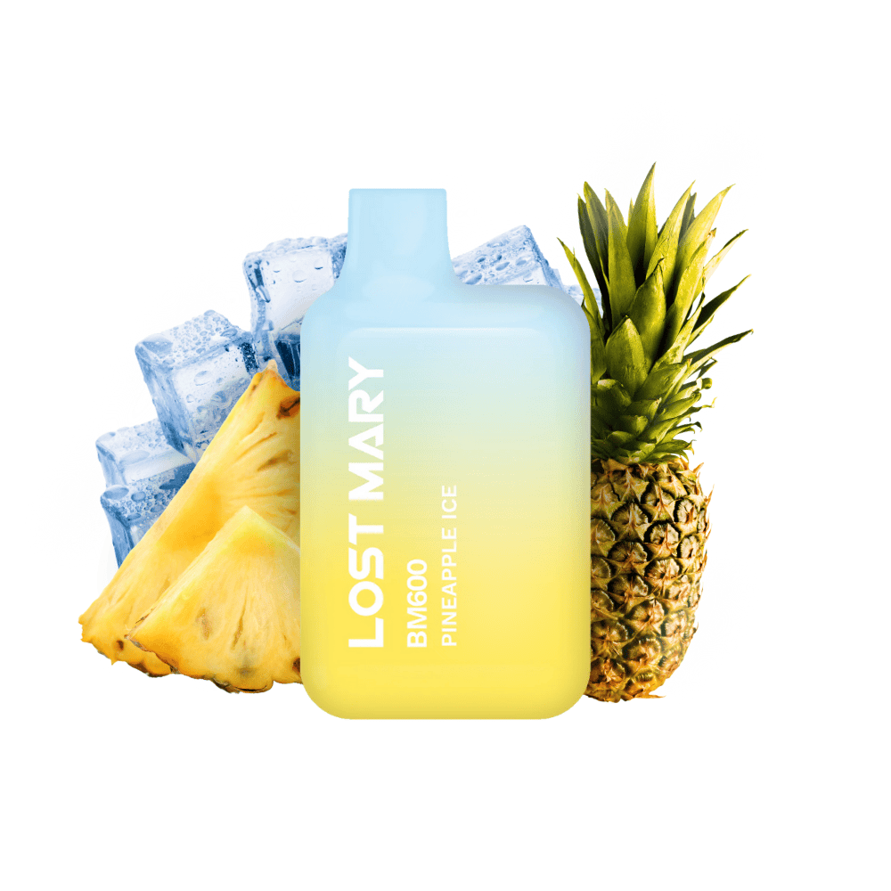 Sigaretta Elettronica Usa e Getta Lost Mary BM600 Pineapple Ice 20 mg/ml, dispositivo compatto con un massimo di 600 spruzzi e e-liquid al gusto di ananas con un tocco rinfrescante di mentolo, design ergonomico con bocchino integrato e presentazione visiva ispirata all'effetto ananas e ghiaccio che rappresenta il sapore del prodotto.