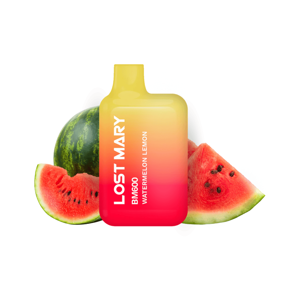 vapoteur jetable Lost Mary BM600 Pastèque Citron 20 mg/ml, appareil compact jusqu'à 600 bouffées et e-liquide saveur mélange de pastèque et citron au profil sucré et citronné, design ergonomique avec embout intégré et présentation visuelle inspirée des fruits qui représentent la saveur du produit.