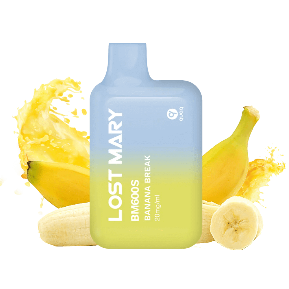 vapoteur jetable Lost Mary BM600s Banana Break 20 mg/ml, appareil compact jusqu'à 600 bouffées et e-liquide saveur banane sucrée au profil crémeux, design ergonomique avec embout intégré et présentation visuelle inspirée de la banane qui représente la saveur du produit.