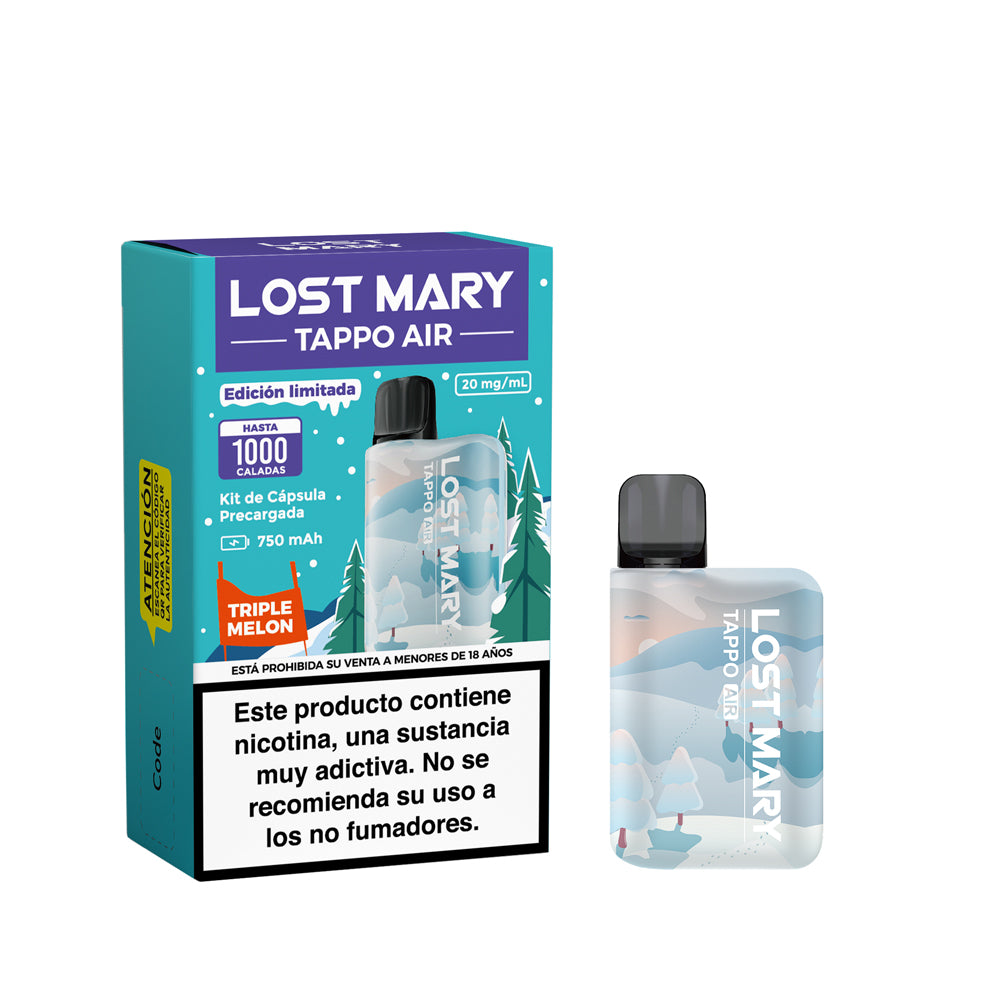 Vaper Lost Mary Tappo Air Triple Melon (Edición Especial): dispositivo recargable con cápsula precargada que combina tres tipos de melón (sandía, melón dulce y cantalupo), ofreciendo un sabor tropical, jugoso y muy refrescante en una edición limitada con diseño exclusivo.