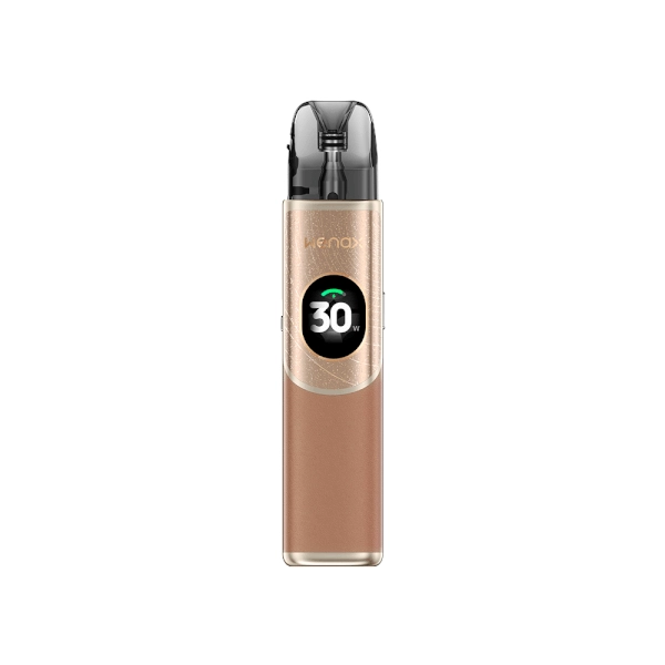 Sigaretta Elettronica Ricaricabile Geekvape Kit Pod Wenax Q2 in beige dal design compatto, schermo frontale circolare che mostra la potenza e cartuccia trasparente superiore con bocchino integrato.