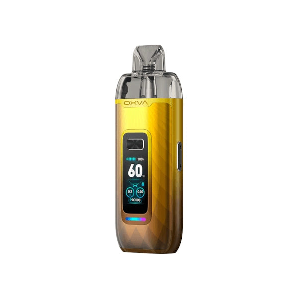 Vaper recargable Oxva VPrime Kit en color dorado con acabado degradado, pantalla digital frontal que muestra potencia y batería, y boquilla transparente en la parte superior.