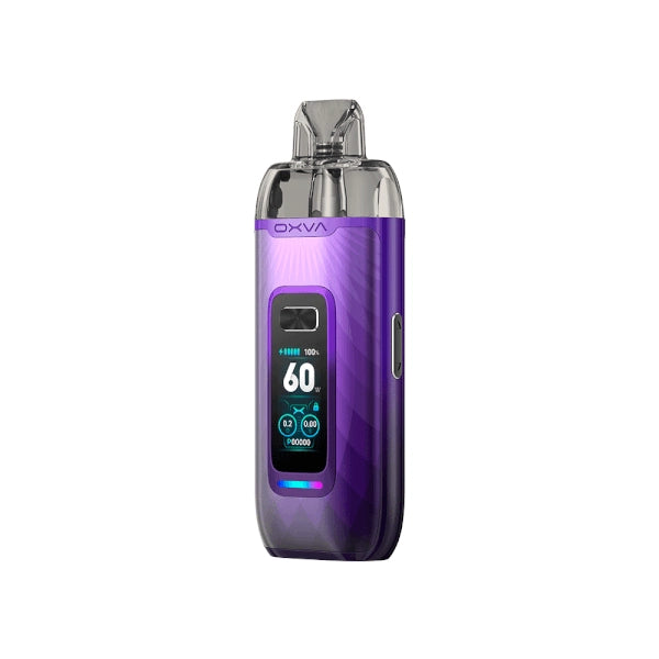 Vaper recargable Oxva VPrime Kit en color morado con acabado degradado, pantalla digital frontal que muestra potencia y batería, y boquilla transparente en la parte superior.