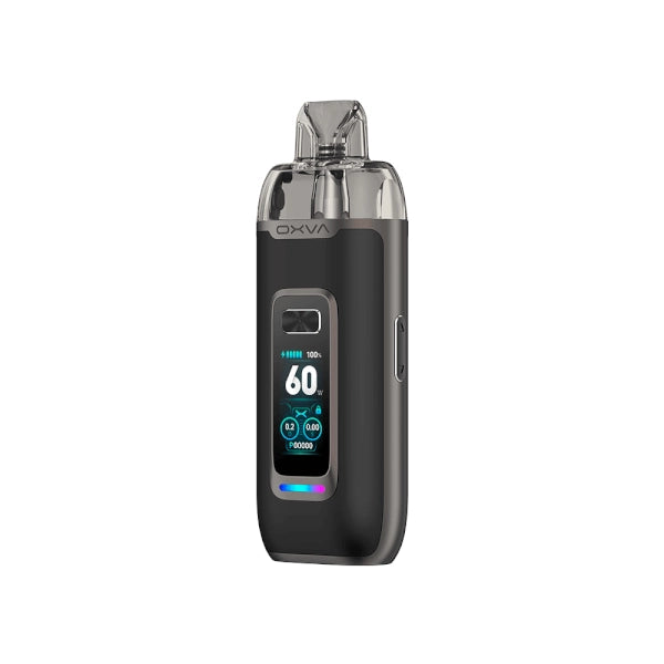 Vaper recargable Oxva VPrime Kit en color negro, pantalla digital frontal que muestra potencia y batería, y boquilla transparente en la parte superior.