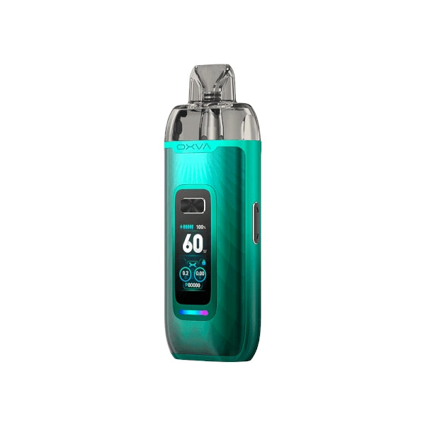 Vaper recargable Oxva VPrime Kit en color verde con acabado degradado, pantalla digital frontal que muestra potencia y batería, y boquilla transparente en la parte superior.