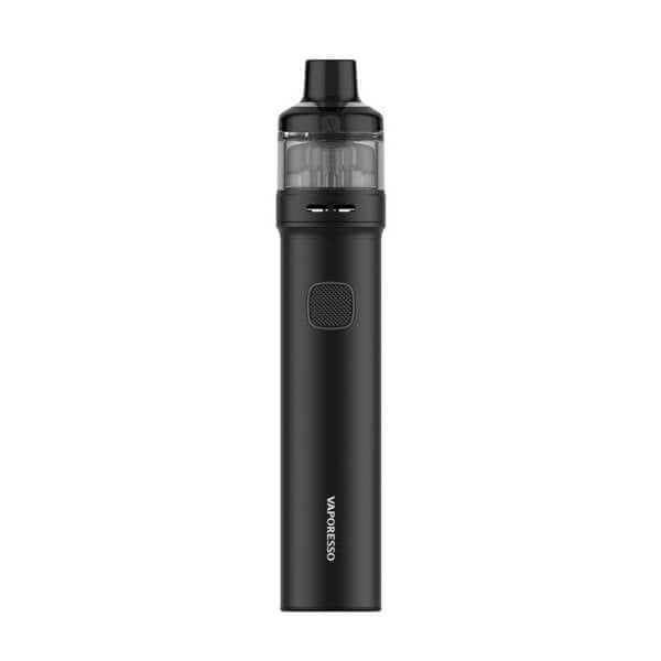 Sigaretta Elettronica Ricaricabile Vaporesso GTX GO80 in nero con design a tubo cilindrico, pulsante centrale, serbatoio superiore trasparente e bocchino nero integrato.