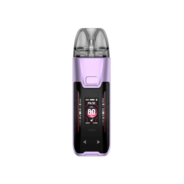 Sigaretta Elettronica Ricaricabile Vaporesso Luxe XR Kit Max 2 Pod in lilla e nero, con schermo frontale a colori che mostra potenza e modalità di utilizzo, pulsante superiore e cartuccia trasparente nella parte superiore.